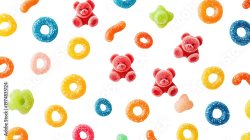 A colorful assortment of candy on transparent background