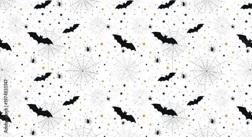 Spooky Halloween seamless pattern featuring black bats, spiders, spiderwebs, and small gold stars on a white background.