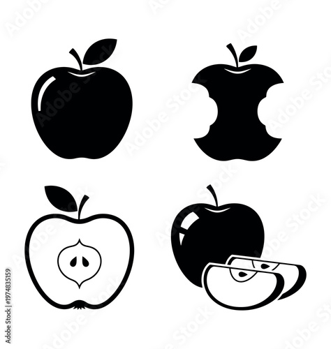 Fresh Apple Fruit and Apple Core Silhouette Vector Icon Set