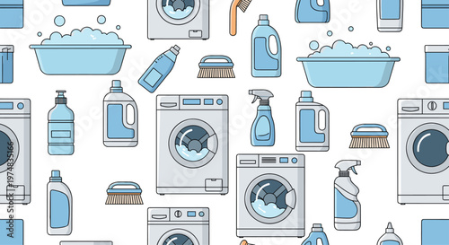 Practical seamless pattern featuring washing machines, laundry baskets, detergent bottles, sprayers, and scrubbing brushes.