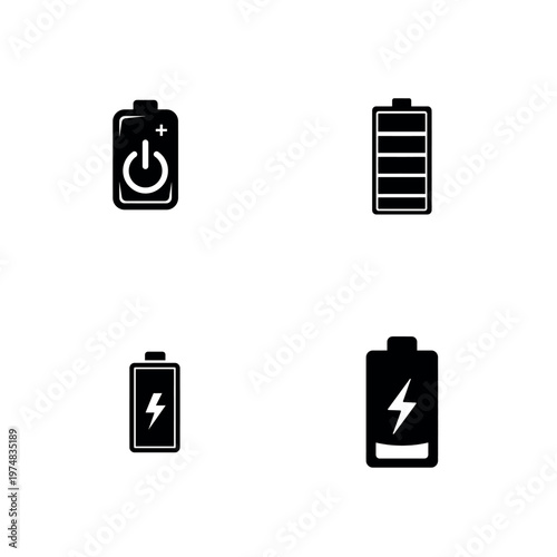 Battery Charge Level and Power Status Silhouette Vector Icon Set