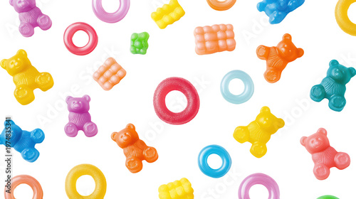 Colorful gummy bears and rings on transparent background