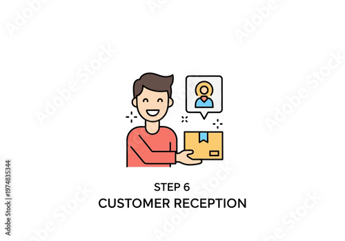 Man holding package smiling customer reception.