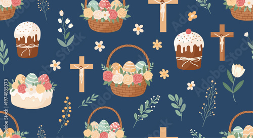 Beautiful Easter seamless pattern featuring gift baskets with eggs, religious crosses, flowers, and traditional cakes on dark blue.