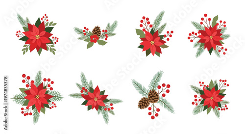 Set of beautiful Christmas floral arrangements featuring red poinsettia flowers, pine branches, holly berries, and pinecones.