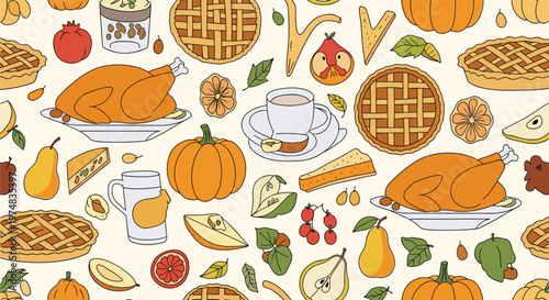 Festive Thanksgiving seamless pattern with roasted turkey, pumpkin pies, fresh pumpkins, apples, and autumnal fruits on cream.