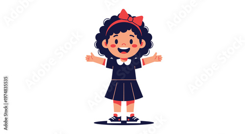 Cartoon illustration of a happy young girl with black curly hair wearing a blue school dress and a red hair bow on white.