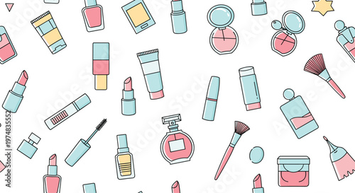 Seamless pattern with colorful cosmetic and beauty products featuring lipstick, perfume, mascara, and makeup brushes.