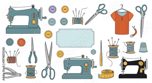 Comprehensive collection of sewing tools featuring machines, scissors, thread spools, buttons, and a tape measure on white.