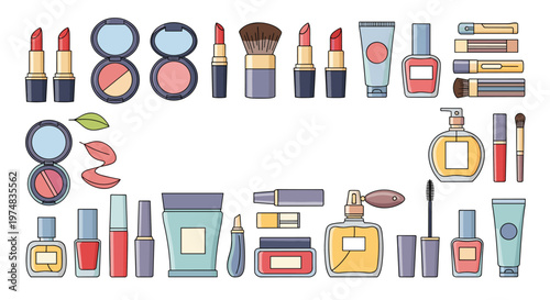 Rectangular frame composed of various beauty and makeup products including lipstick, mascara, perfume, and cosmetic tools.