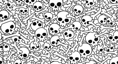 Black and white seamless pattern filled with hand drawn skulls and crossbones for spooky halloween or gothic themed designs.