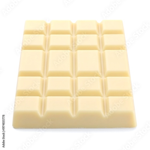 A square chocolate bar broken into rectangular portions, creamy in color, rests against a white background, lit naturally