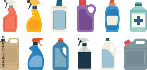 Household Cleaning Bottles vector set featuring detergent containers, spray bottles, soap dispensers, liquid sanitizer packaging illustrations, hygiene products, home cleaning supplies