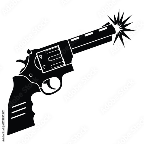 A black silhouette of a powerful revolver with a muzzle flash erupting from its barrel symbolizing action danger or a sudden burst of energy in a dynamic and graphic illustration