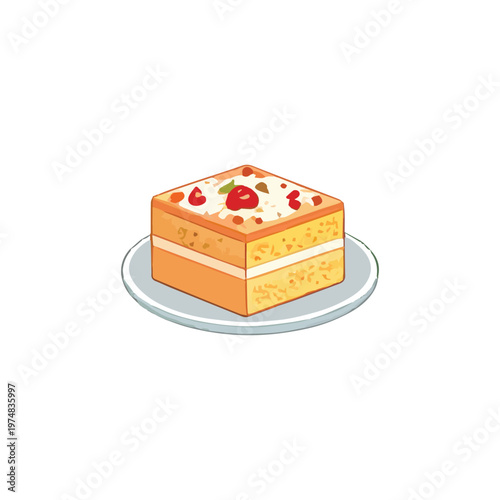 Delicious chocolate cake with caramel frosting and three golden spherical toppings, garnished with a green mint leaf, on a white background