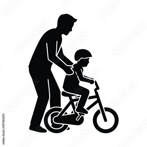 Father teaching young child to ride bicycle vector silhouette for parenting and childhood development themes