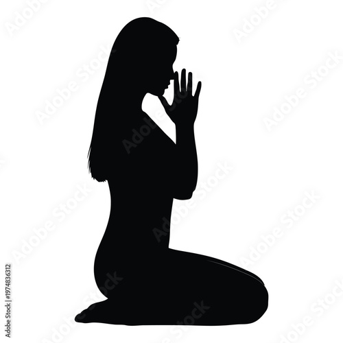 Silhouette profile of a young woman kneeling with hands pressed together in prayer or supplication representing a moment of deep contemplation hope
