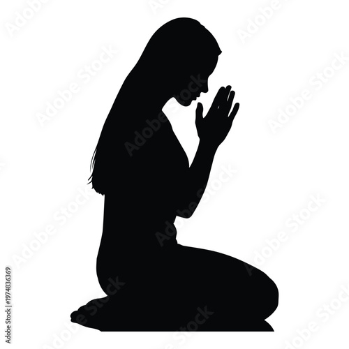Silhouette of a woman kneeling and praying with her hands together in a gesture of supplication and devotion conveying a sense of peace and spiritual reflection isolated on a clean white background