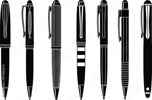 Black pen silhouette collection vector illustration, ballpoint and luxury writing instruments set, office stationery design, modern ink pen styles bundle