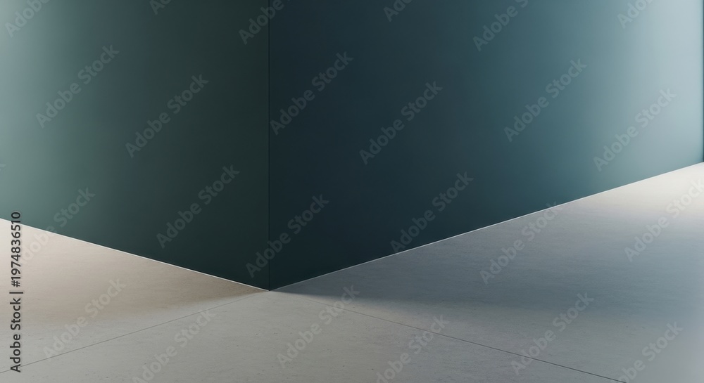 Fototapeta premium Smooth light gray concrete floor meeting a dark teal wall in a minimalist interior corner with soft lighting