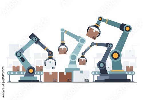 Robotic arms in industrial factory setting.