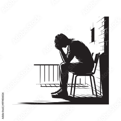 Silhouette of a man sitting in despair against a brick wall