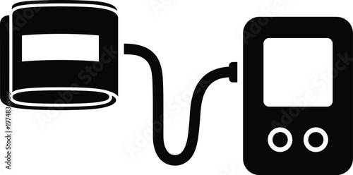 Blood pressure monitor with cuff vector illustration, medical diagnostic device, healthcare equipment icon, hypertension measurement tool, clinical monitoring system, black and white design