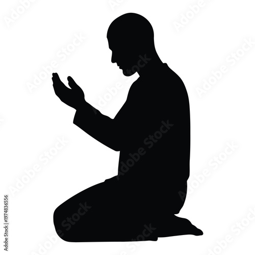 Silhouette of a person praying in a traditional garment kneeling with hands raised in devotion and supplication representing faith spirituality