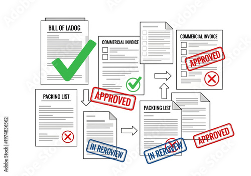 Approved stamps on paperwork documents.