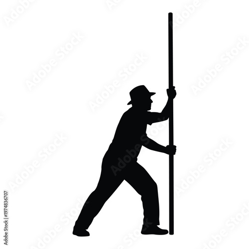 Silhouette of a man wearing a hat and holding a tall pole with both hands appearing to exert effort or push against the object isolated on a clean white background signifying a graphic resource 