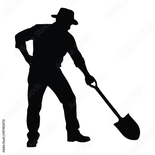 Silhouette of a man wearing a hat and holding a shovel with one hand on his hip engaged in digging or manual labor representing outdoor work gardening construction or agricultural activities