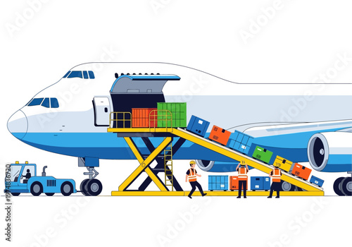 Workers loading cargo onto airplane.