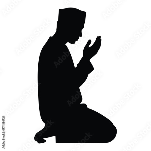 Silhouette of a man praying on his knees in a serene and peaceful atmosphere with hands raised in supplication  a symbol of faith and spirituality