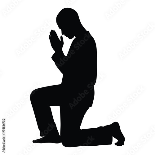 Silhouette of a man kneeling with his hands clasped together in prayer or meditation symbolizing devotion spiritual connection peaceful contemplation