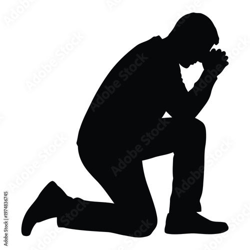 Silhouette of a man kneeling with his hands clasped in prayer representing devotion spirituality and a moment of quiet contemplation or supplication