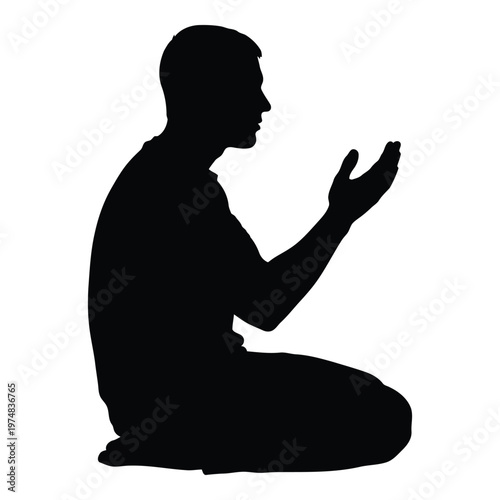 Silhouette of a man kneeling in prayer with hands raised in a gesture of supplication or devotion representing spiritual practice religious observance