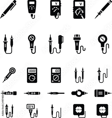 Set of digital multimeter and electrical testing tool icons with multimeter electrical electronic