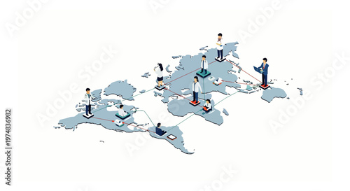 Global Healthcare Network and Telemedicine Illustration: Medical Professionals and Doctors Connected via Digital Links on a World Map Isometric Vector Concept