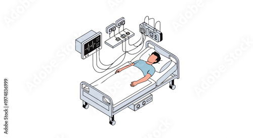Modern Isometric Vector Illustration of a Patient in a Hospital Bed Connected to ICU Monitoring Equipment and Life Support Systems