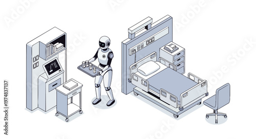 Isometric AI Robot Assistant in Hospital Room Delivering Medicine - Smart Healthcare Technology and Automation Illustration