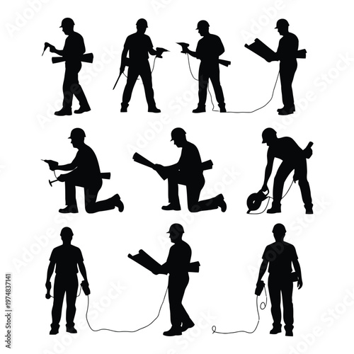 Set of construction workers in various poses with tools  builders and technicians at work with equipment and materials