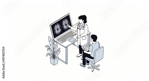 Neurology Doctor Showing Brain MRI Scan Results to Patient on Laptop, Isometric Medical Consultation Illustration