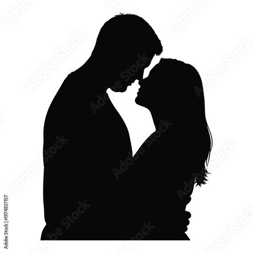 Romantic silhouette of a man and woman embracing closely nose to nose with a tender touch conveying deep love and connection in a classic black outline