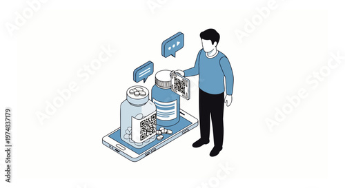 Isometric Illustration of Man Scanning QR Code on Medicine Bottle for Online Pharmacy and Healthcare App Concept