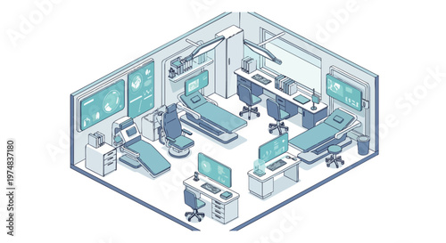 Isometric futuristic medical laboratory and healthcare clinic interior line art illustration