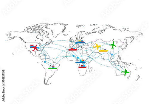 Airplane Routes Around the World Map.