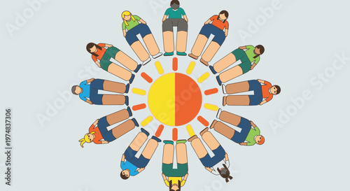 Diverse group of people forming a circle around a bright sun, symbolizing unity, community, and summer.