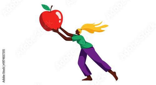 Woman with blonde ponytail reaching up to hold a large red apple with green leaf, healthy eating concept