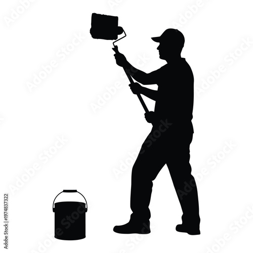 Man in silhouette holding a paint roller and bucket isolated on transparent background
