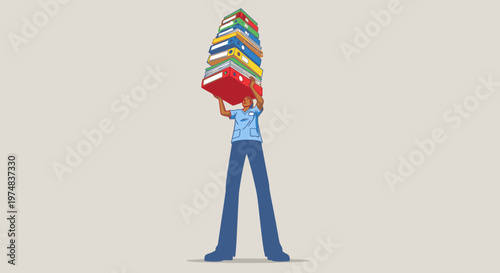 Man struggling to carry a huge stack of heavy books, representing academic or work overload and stress